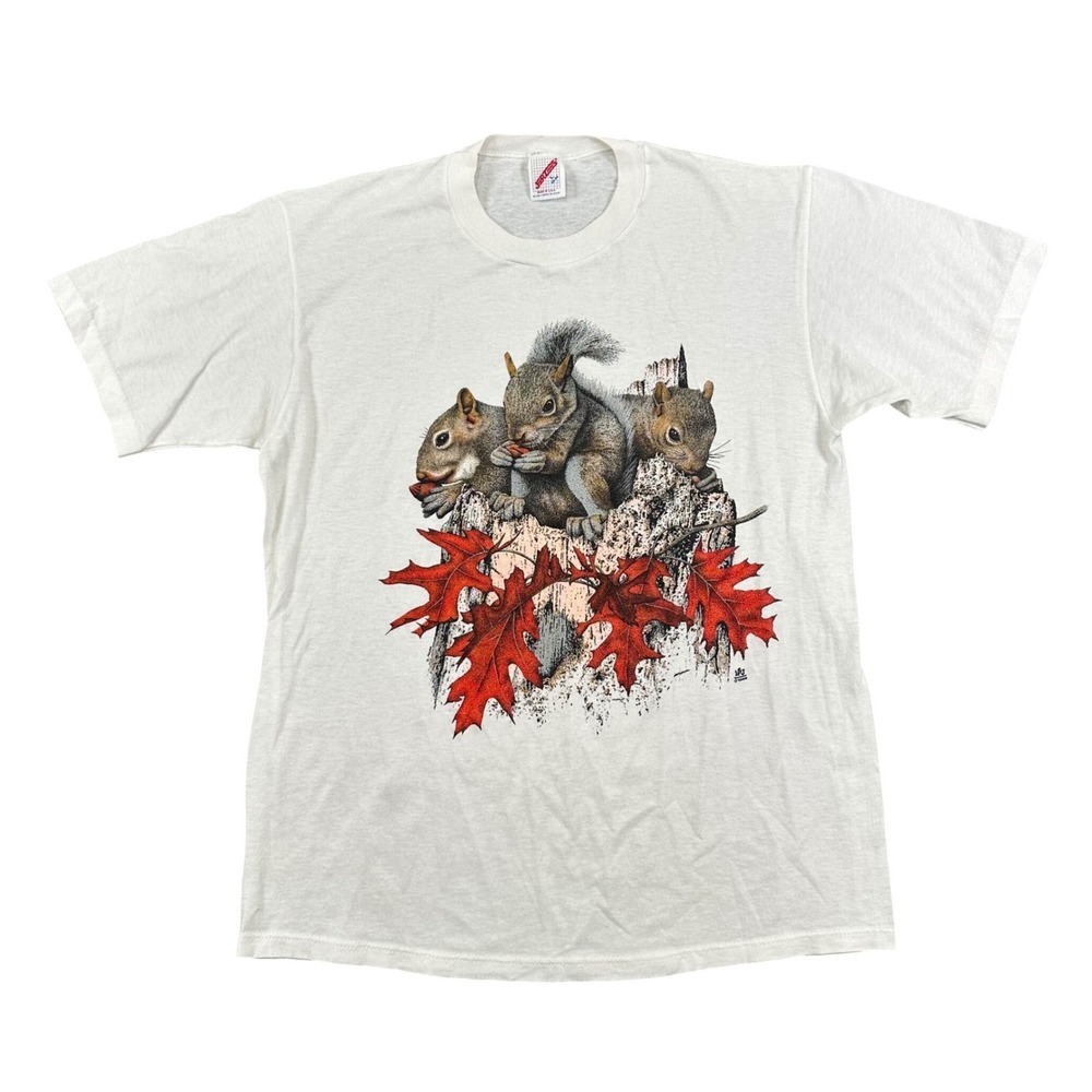 Vintage Squirrel Shirt Mens Large White 80s USA Nature Fall Animal Jerzees